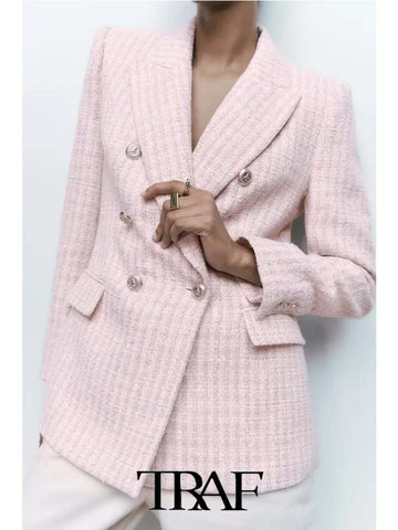 TRAF  Light Pink Textured Double-Breasted Blazer Women 2023 Casual Blazer Woman Office Female Suit Long Sleeve Jacket