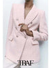 TRAF  Light Pink Textured Double-Breasted Blazer Women 2023 Casual Blazer Woman Office Female Suit Long Sleeve Jacket