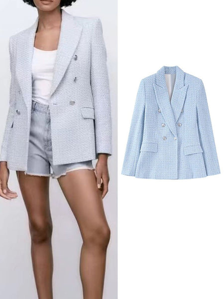 TRAF 2023 Spring Autumn  Women Blue Blazer Coats Office Outfits Coat Vintage Long Sleeve Double Breasted Chic Outerwear