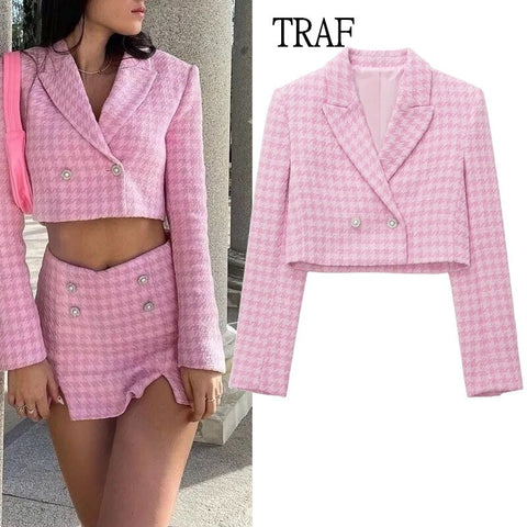 TRAF Pink Short Women Blazers 2023 Vintage Houndstooth Tweed Jacket Woman Long Sleeve Elegant Female Blazer Set Chic Top