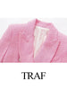 TRAF Pink Sweet Double Breasted Ladies Blazer Elegant Woven Office Commuter Casual Straight Fit Women's Blazer New