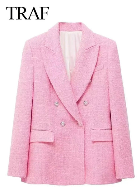TRAF Pink Sweet Double Breasted Ladies Blazer Elegant Woven Office Commuter Casual Straight Fit Women's Blazer New