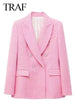 TRAF Pink Sweet Double Breasted Ladies Blazer Elegant Woven Office Commuter Casual Straight Fit Women's Blazer New