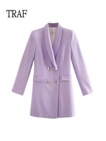 TRAF Purple Women Blazer 2023 Double Breasted Casual Long Sleeve Elegant Female Blazer Vintage Office Ladies Jacket Coat