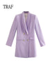 TRAF Purple Women Blazer 2023 Double Breasted Casual Long Sleeve Elegant Female Blazer Vintage Office Ladies Jacket Coat