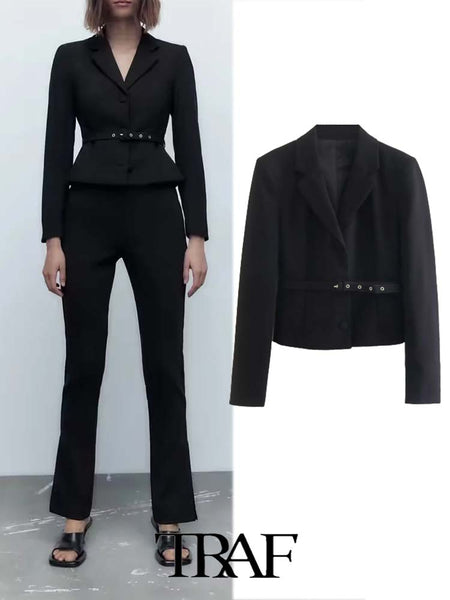 TRAF  Solid Belted Slim Fit Cropped Blazer Women 2023 Casual Blazer Woman Office Female Suit Long Sleeve Jacket