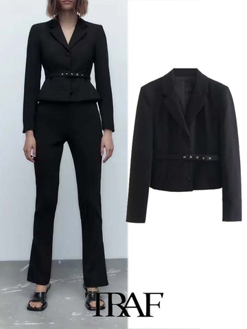 TRAF  Solid Belted Slim Fit Cropped Blazer Women 2023 Casual Blazer Woman Office Female Suit Long Sleeve Jacket