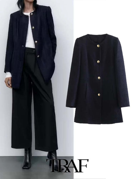 TRAF  Solid Textured Long Single-Breasted Blazer Women 2023 Casual Blazer Woman Office Female Suit Long Sleeve Jacket