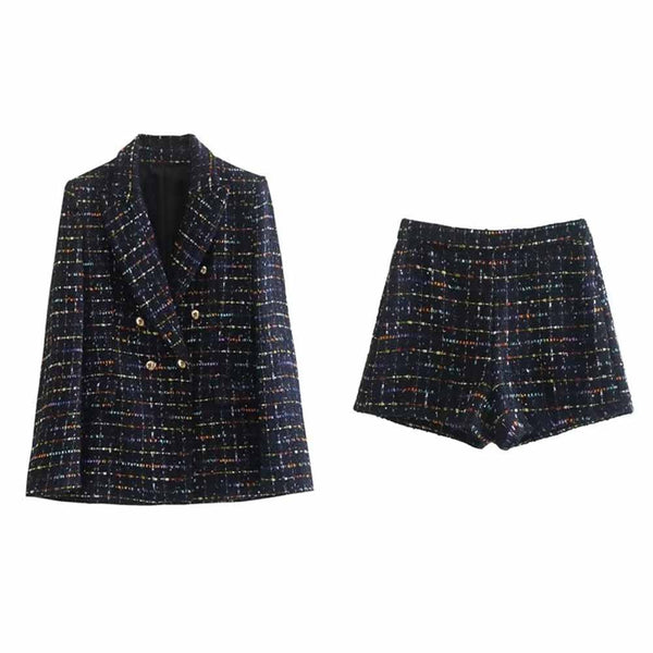 TRAF WOMEN 2023 Winter Double Breasted Tweed Texture Plaid Suit Jacket Office Retro Female Chic Blazer Two-piece 8741269