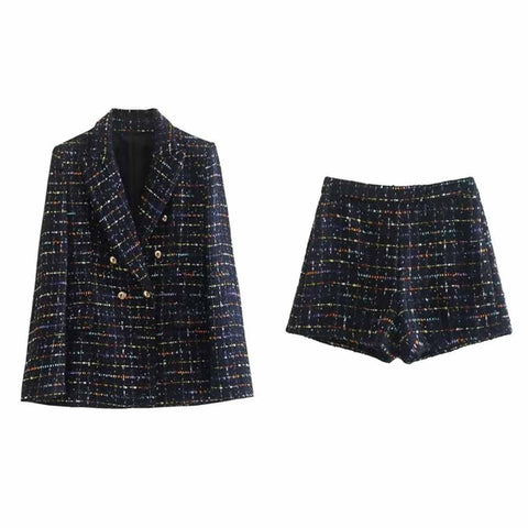 TRAF WOMEN 2023 Winter Double Breasted Tweed Texture Plaid Suit Jacket Office Retro Female Chic Blazer Two-piece 8741269