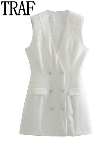TRAF White Blazer Dress Woman Faux Pearl Button Short Dress Women Sleeveless Office Elegant Dresses For Women Summer Dresses