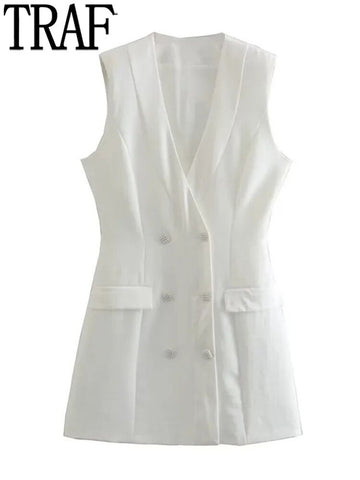 TRAF White Blazer Dress Woman Faux Pearl Button Short Dress Women Sleeveless Office Elegant Dresses For Women Summer Dresses