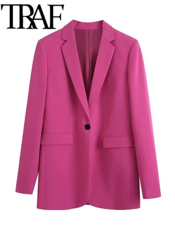 TRAF Woman 2023 Casual Blazer Office Lady Single Button Long Sleeve Jacket Tall Pants Pink Coat Femme