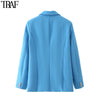 TRAF  Woman 2023 Casual Coat Spring Elegant Office Suit Jacket Ornate Buttons Flap Pockets Long Blue Green Pink Blazers