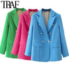 TRAF  Woman 2023 Casual Coat Spring Elegant Office Suit Jacket Ornate Buttons Flap Pockets Long Blue Green Pink Blazers