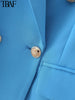 TRAF  Woman 2023 Casual Coat Spring Elegant Office Suit Jacket Ornate Buttons Flap Pockets Long Blue Green Pink Blazers