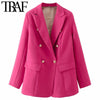 TRAF  Woman 2023 Casual Coat Spring Elegant Office Suit Jacket Ornate Buttons Flap Pockets Long Blue Green Pink Blazers