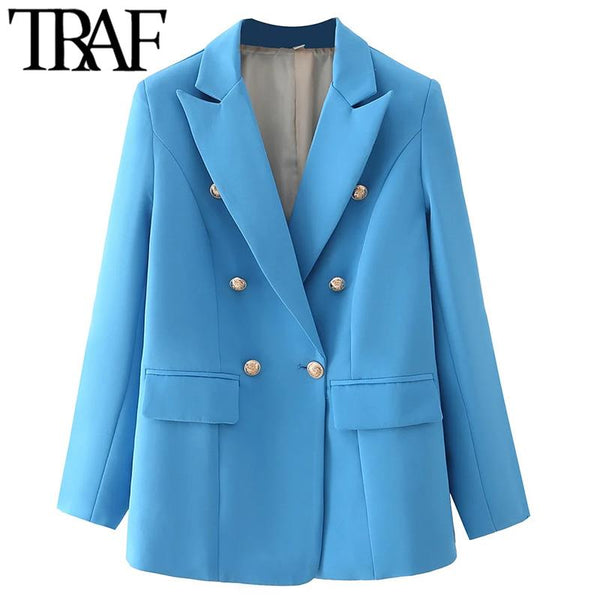 TRAF  Woman 2023 Casual Coat Spring Elegant Office Suit Jacket Ornate Buttons Flap Pockets Long Blue Green Pink Blazers