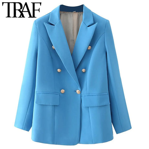 TRAF  Woman 2023 Casual Coat Spring Elegant Office Suit Jacket Ornate Buttons Flap Pockets Long Blue Green Pink Blazers