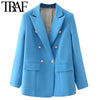 TRAF  Woman 2023 Casual Coat Spring Elegant Office Suit Jacket Ornate Buttons Flap Pockets Long Blue Green Pink Blazers