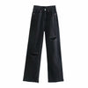 TRAF Women 2022  Ripped Hole Wide Leg Jeans Vintage High Waist Zipper Fly Female Trousers Streetwear
