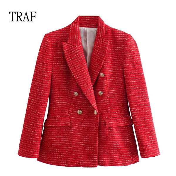 TRAF  Women Blazers 2023 Vintage Button Tweed Jacket Coat Woman Long Sleeve Elegant Blazer Female Outerwear Chic Top