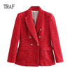 TRAF  Women Blazers 2023 Vintage Button Tweed Jacket Coat Woman Long Sleeve Elegant Blazer Female Outerwear Chic Top