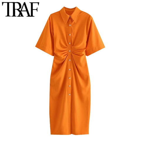 TRAF Women Chic  Button-up Draped Midi Shirt Dress Vintage Short Sleeve Side Zipper Female Dresses Vestidos