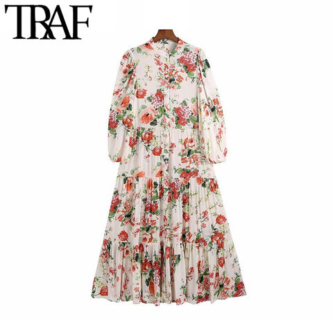 TRAF Women Chic Floral Print Ruffled Midi Dress Vintage Three Quarter Sleeve Button-up Female Dresses Vestidos