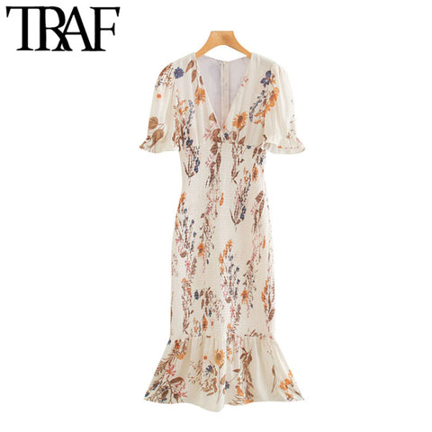 TRAF Women Chic Floral Print Ruffled Sheath Midi Dress Vintage Short Sleeve Back Zipper Female Dresses Vestidos