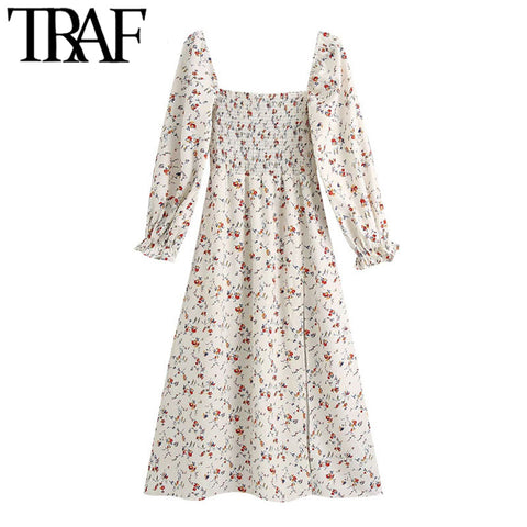 TRAF Women Chic Floral Print Smocked Midi Dress Vintage Square Collar Long Sleeve Side Slit Female Dresses