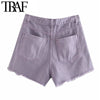 TRAF Women Chic Pockets Frayed Hem Ripped Denim Shorts Vintage High Waist Zipper Fly Female Short Jeans Mujer