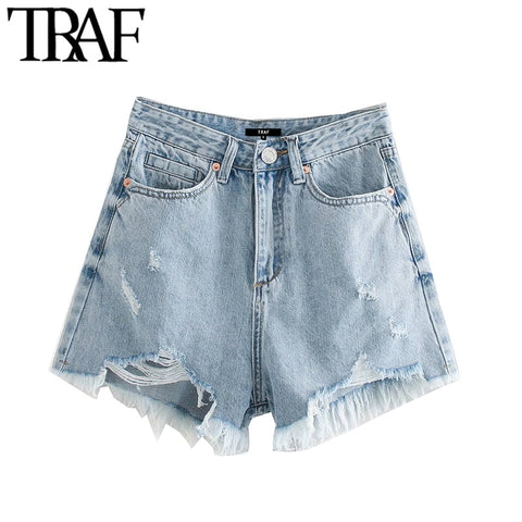 TRAF Women Chic Pockets Frayed Hem Ripped Denim Shorts Vintage High Waist Zipper Fly Female Short Jeans Mujer