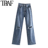 TRAF Women Chic Ribbed Hole Tassel Denim Wide Leg Jeans Vintage High Waist Zipper Fly Female Trousers Mujer