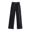 TRAF Women Chic Ribbed Hole Tassel Denim Wide Leg Jeans Vintage High Waist Zipper Fly Female Trousers Mujer