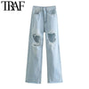 TRAF Women Chic Ribbed Hole Tassel Denim Wide Leg Jeans Vintage High Waist Zipper Fly Female Trousers Mujer