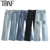 TRAF Women Chic Ribbed Hole Tassel Denim Wide Leg Jeans Vintage High Waist Zipper Fly Female Trousers Mujer