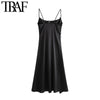 TRAF Women Chic  Side Buttons Slit Cozy Midi Dress Vintage Backless Thin Straps Female Dresses Vestidos Mujer
