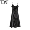 TRAF Women Chic  Side Buttons Slit Cozy Midi Dress Vintage Backless Thin Straps Female Dresses Vestidos Mujer