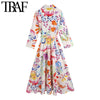 TRAF Women Chic  With Belt Floral Print Midi Dress Vintage Three Quarter Sleeve Button-up Female Dresses Mujer