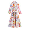TRAF Women Chic  With Belt Floral Print Midi Dress Vintage Three Quarter Sleeve Button-up Female Dresses Mujer