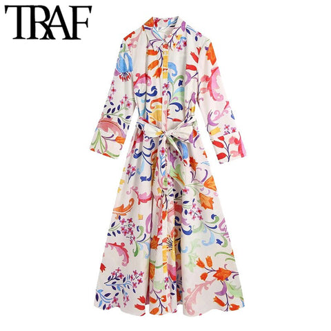 TRAF Women Chic  With Belt Floral Print Midi Dress Vintage Three Quarter Sleeve Button-up Female Dresses Mujer