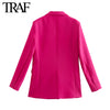 TRAF  Women Clothing Spring Autumn Double Breasted Clamshell Pocket  Pink Blazers  Chic Office Ladies Jacket Coats