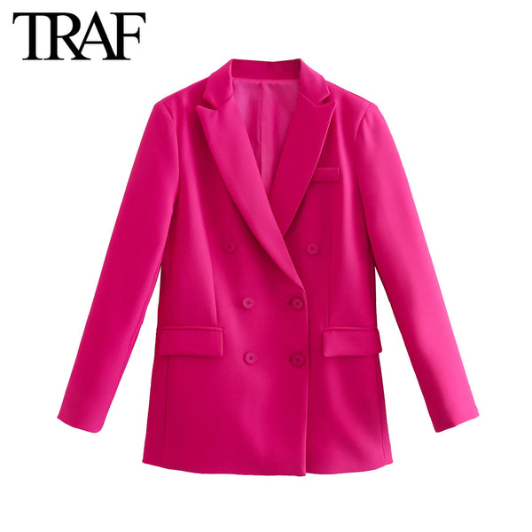 TRAF  Women Clothing Spring Autumn Double Breasted Clamshell Pocket  Pink Blazers  Chic Office Ladies Jacket Coats