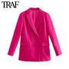 TRAF  Women Clothing Spring Autumn Double Breasted Clamshell Pocket  Pink Blazers  Chic Office Ladies Jacket Coats