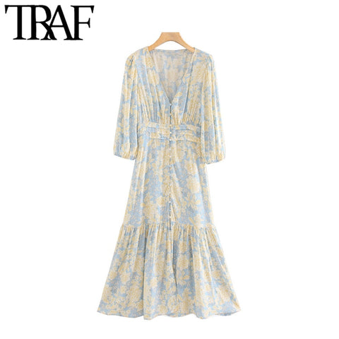 TRAF Women Elegant Floral Print Ruffled Midi Dress Vintage V NecK Three Quarter Sleeve Female Dresses Vestidos