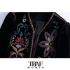 TRAF  Women Contrast Embroidery Velvet Crop Open Blazer Coat Vintage Long Sleeve Female Outerwear Chic Veste Femme