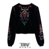 TRAF  Women Contrast Embroidery Velvet Crop Open Blazer Coat Vintage Long Sleeve Female Outerwear Chic Veste Femme