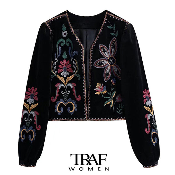 TRAF  Women Contrast Embroidery Velvet Crop Open Blazer Coat Vintage Long Sleeve Female Outerwear Chic Veste Femme
