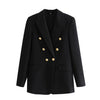 TRAF Women Double Breasted Black Blazer Coat Vintage Long Sleeve Pockets Female Outerwear Chic Veste Femme